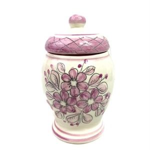 Vintage Mexican Pottery Jar with lid, painted with soft maroon colored flowers